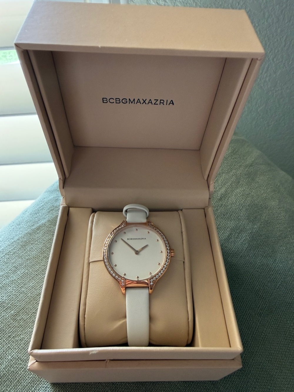 BCBGMaxAzria Rose Gold Watch with White Leather Strap